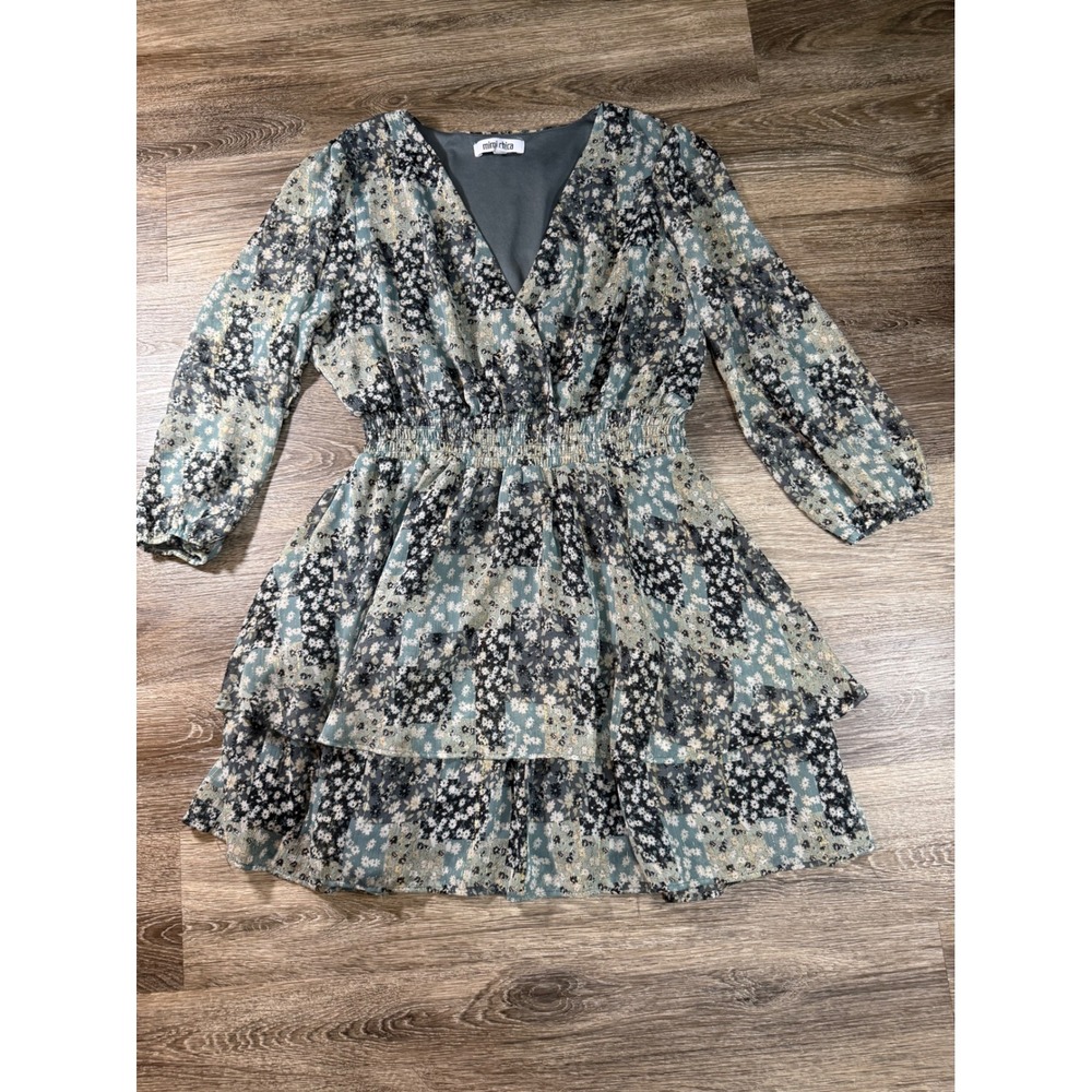 Mini Dress Tiered Floral Metallic Smocked Fairycore‎ XL Green/Black Cottgecore